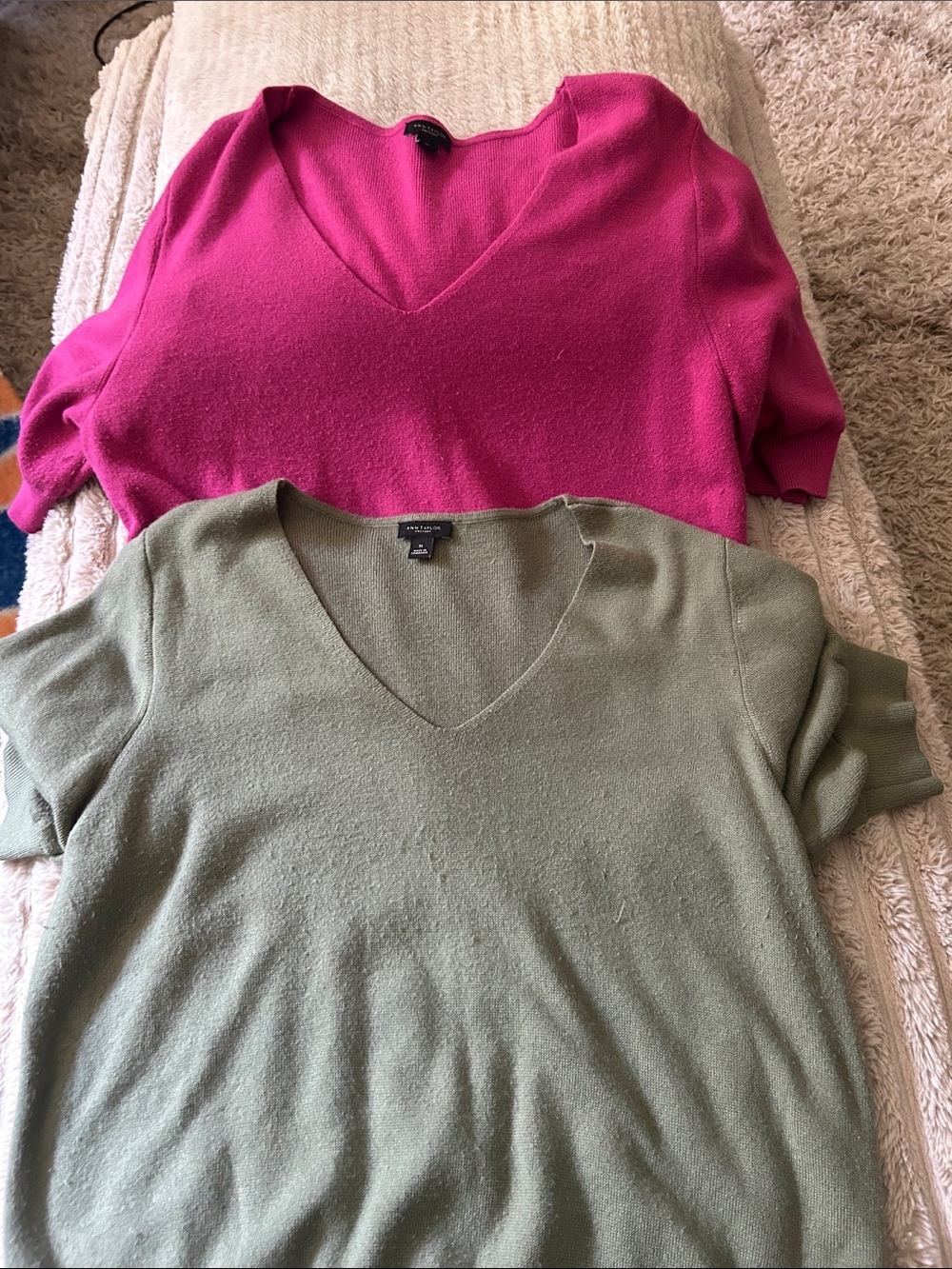 Two AnnTaylor Factory V-Neck Sweaters in Fuchsia and Olive Green